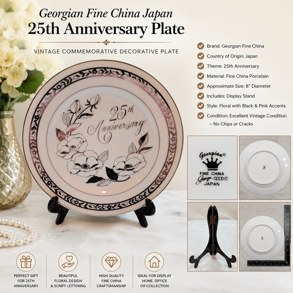 Georgian Fine China Japan 25th Anniversary Plate Vtg Floral 8 inch with Stand
